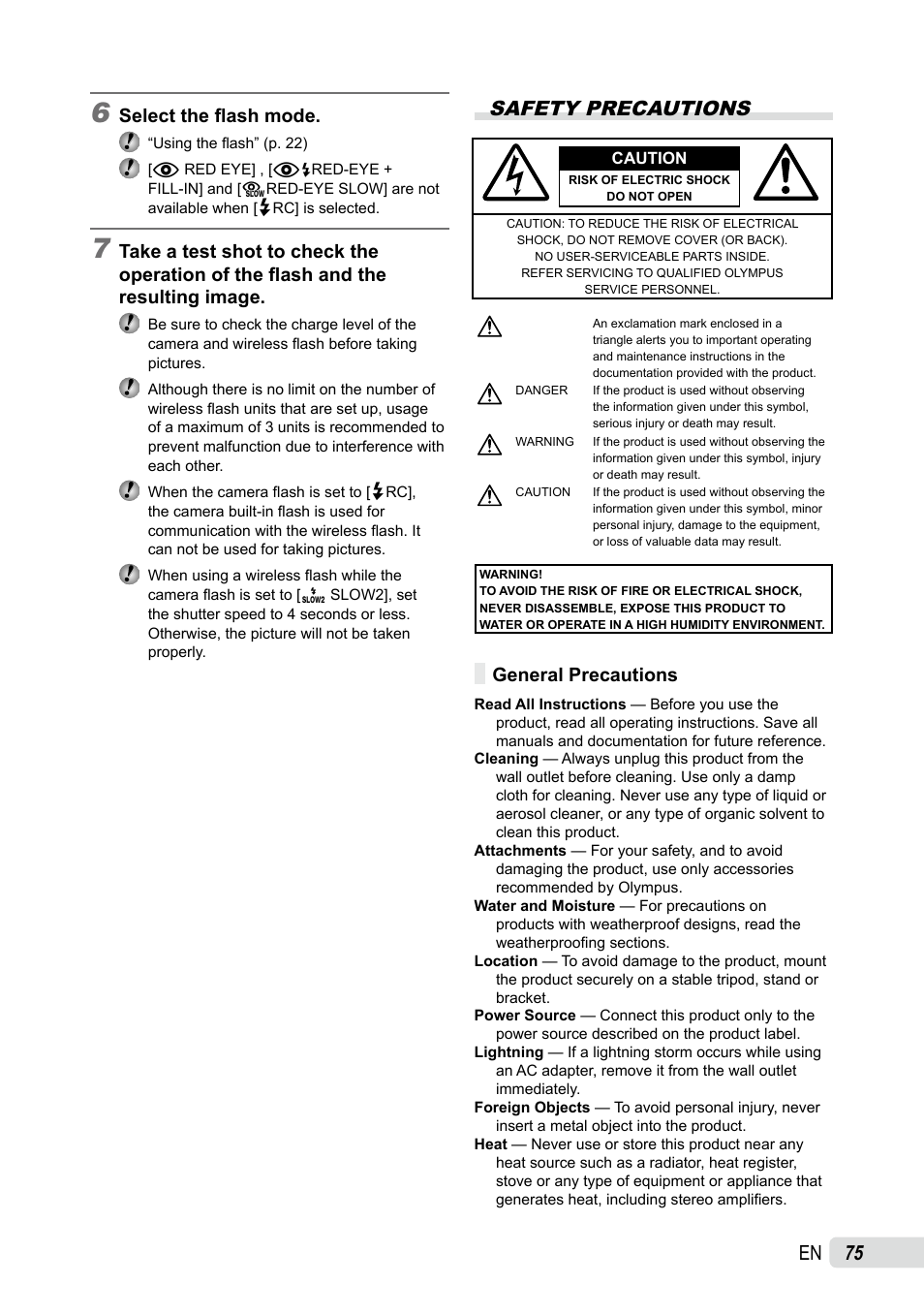 Safety precautions, General precautions, Select the flash mode | Olympus SP-590UZ User Manual | Page 75 / 86