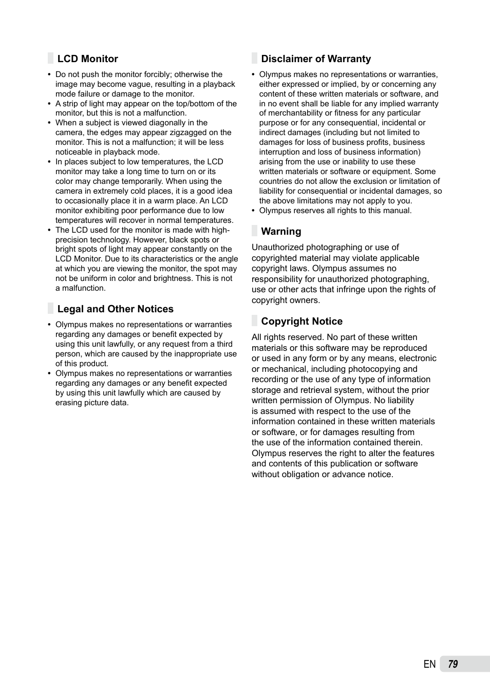 Lcd monitor, Legal and other notices, Disclaimer of warranty | Warning, Copyright notice | Olympus SP-590UZ User Manual | Page 79 / 86
