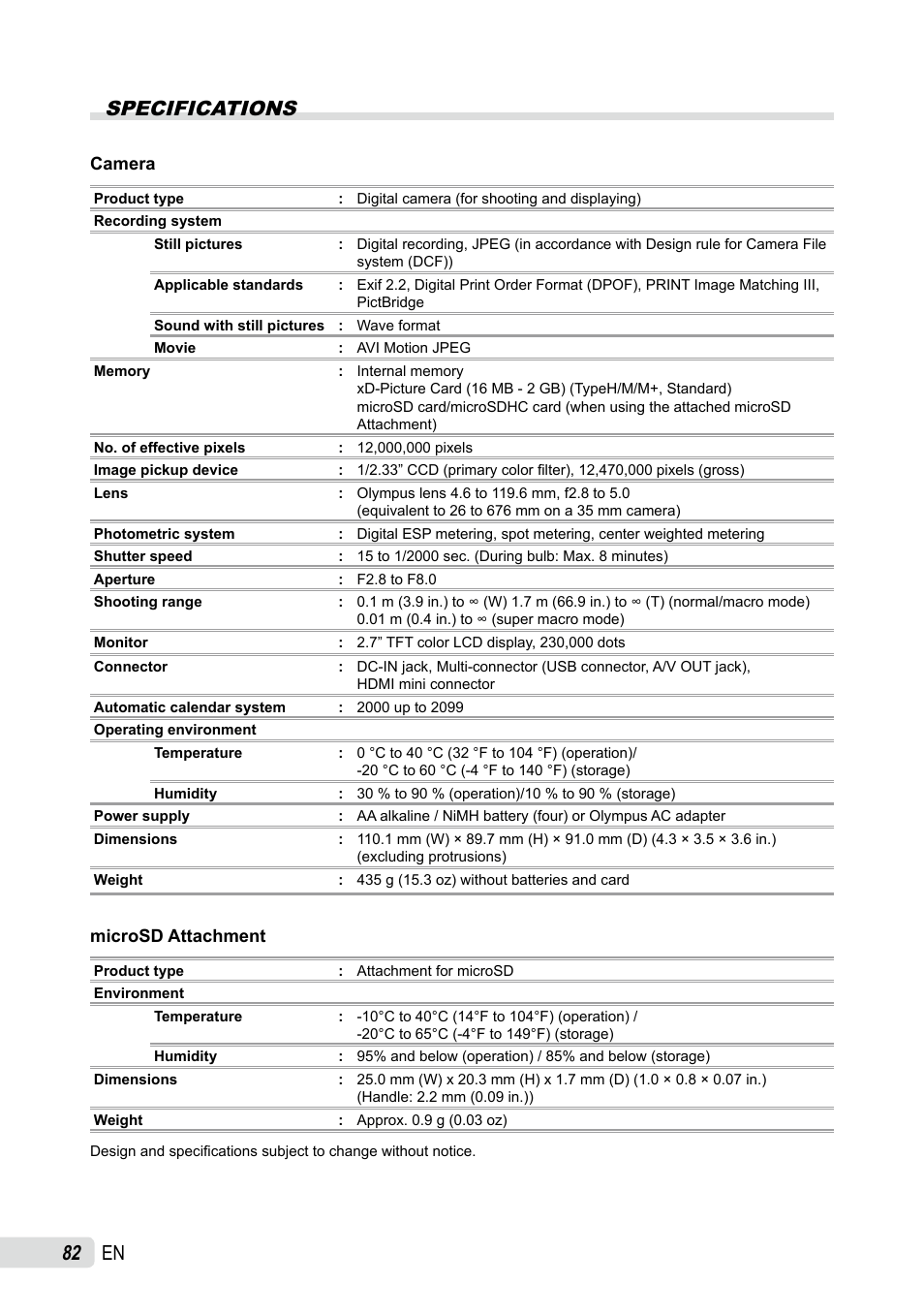 Specifications, En specifications | Olympus SP-590UZ User Manual | Page 82 / 86