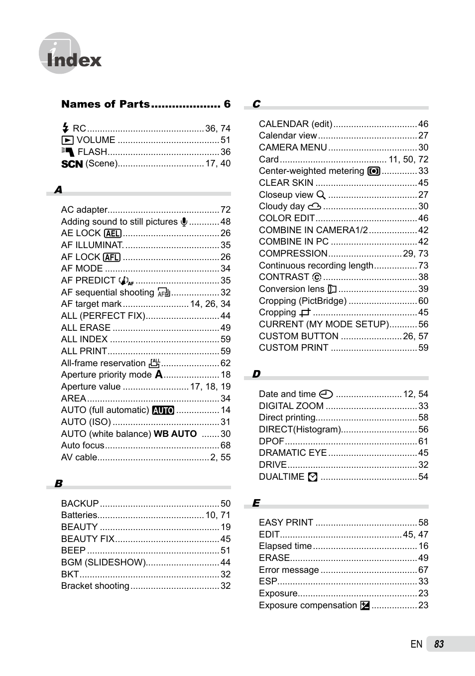 Index | Olympus SP-590UZ User Manual | Page 83 / 86