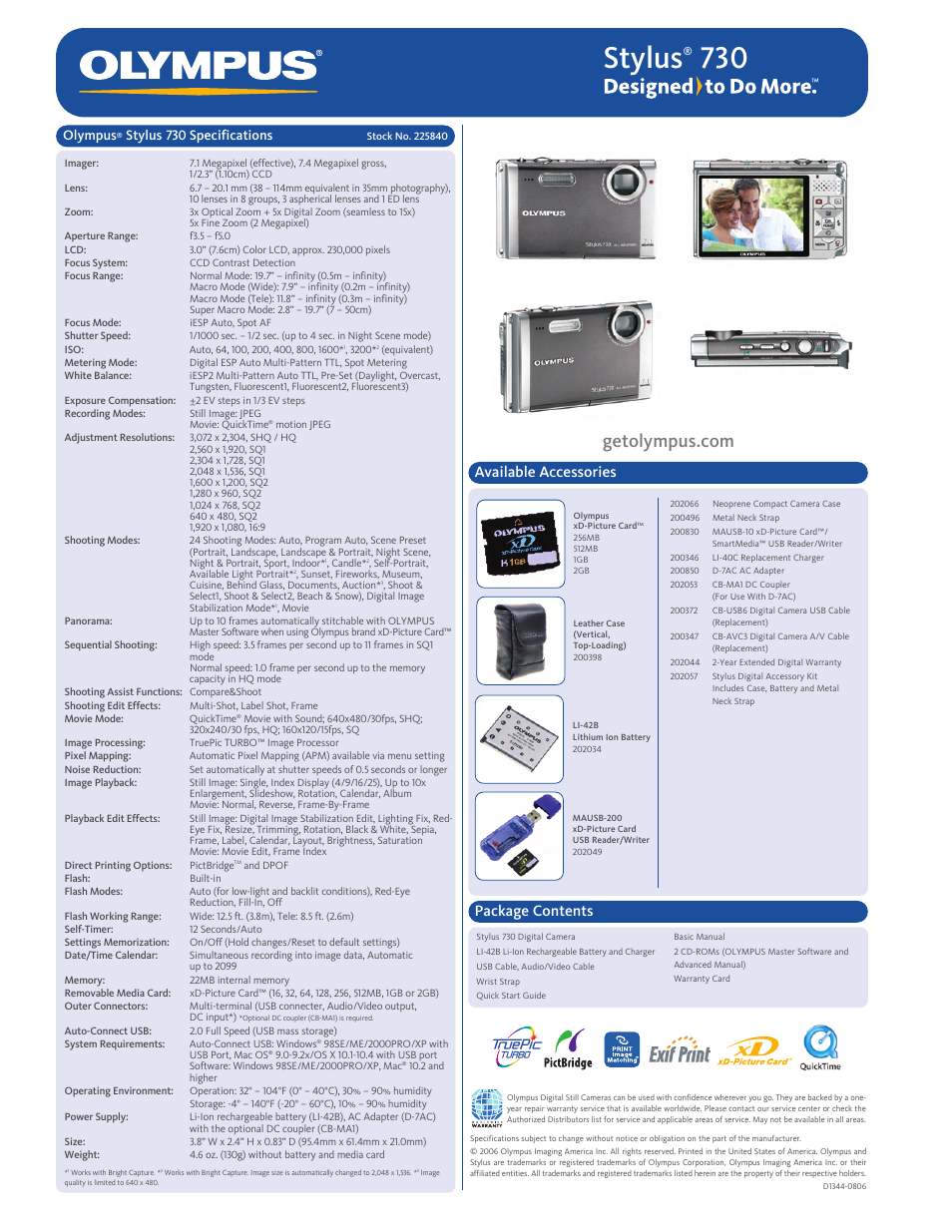 Stylus, Available accessories, Package contents | Olympus, Stylus 730 specifications | Olympus STYLUS 730 User Manual | Page 2 / 2