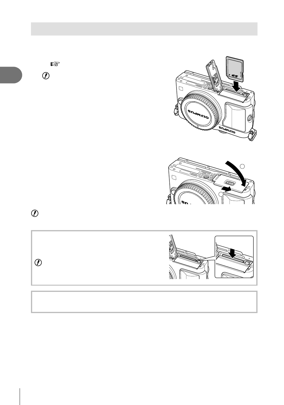 Inserting and removing cards | Olympus E-PL5 User Manual | Page 12 / 133