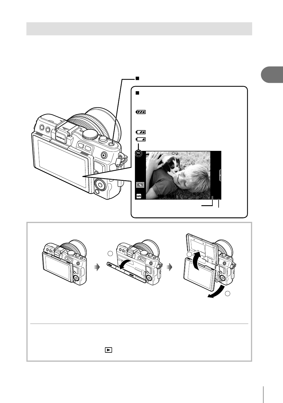 Power on, Preparing the camera and fl ow of operations, Press the on/off button to turn on the camera | 15 en | Olympus E-PL5 User Manual | Page 15 / 133