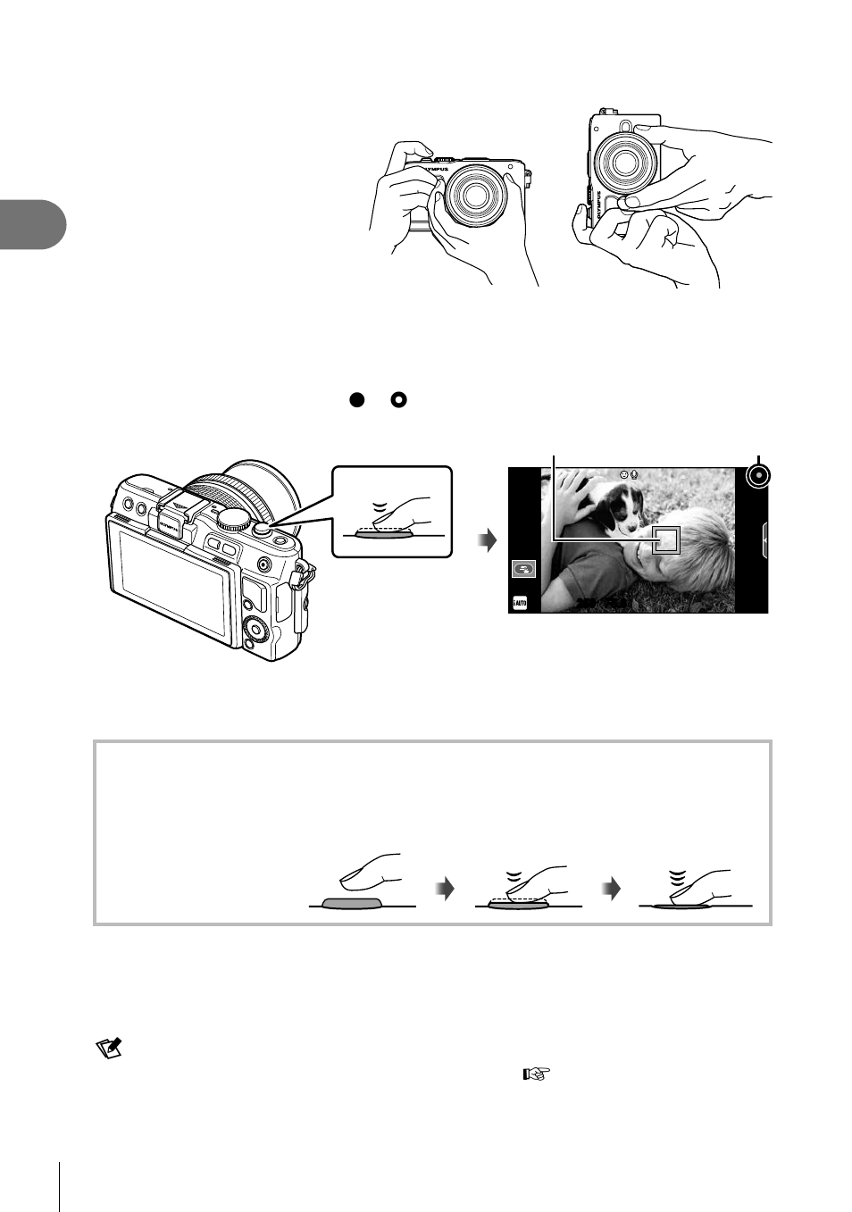 Preparing the camera and fl ow of operations, 18 en, Frame the shot | Adjust the focus, Release the shutter | Olympus E-PL5 User Manual | Page 18 / 133
