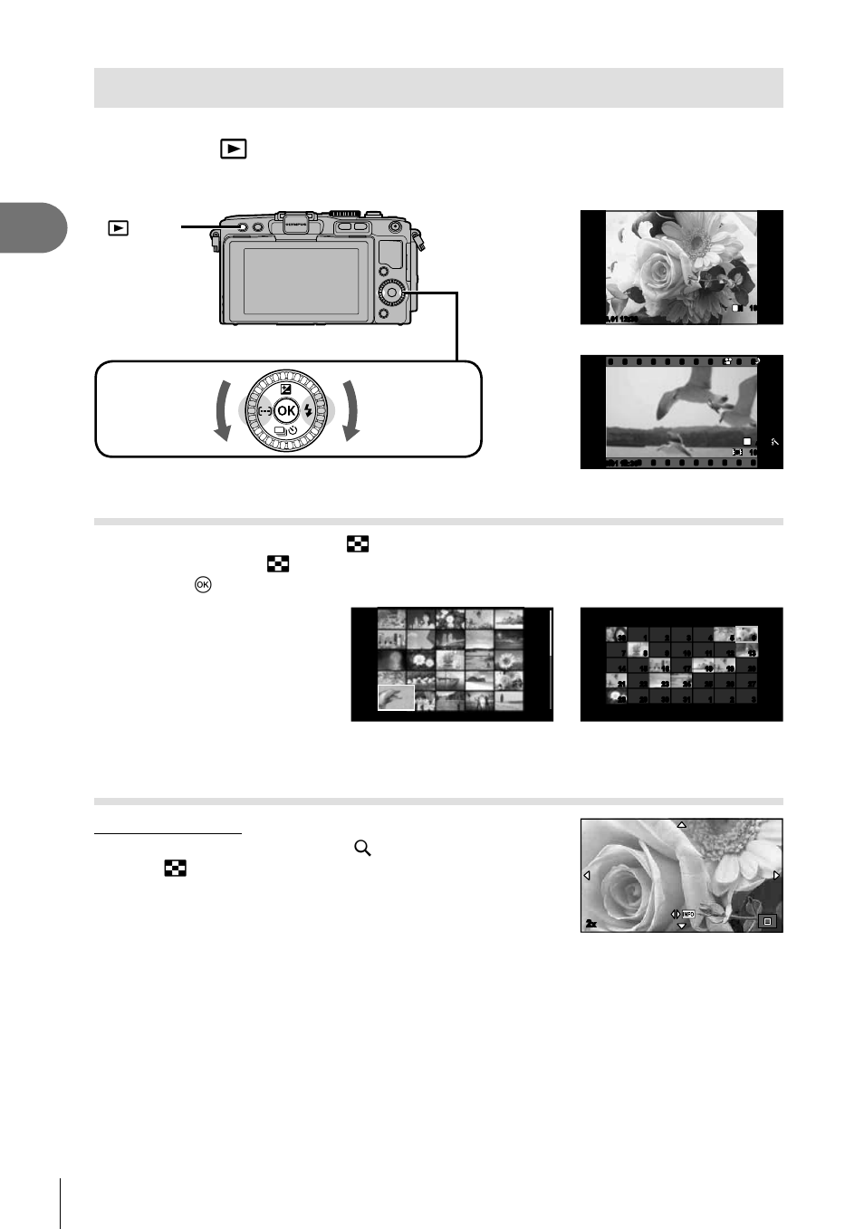 Viewing photographs and movies, Preparing the camera and fl ow of operations, Index display/calendar display | Viewing still images, Press the q button, 20 en, Arrow pad/control dial, Q button, Still image, Movie | Olympus E-PL5 User Manual | Page 20 / 133