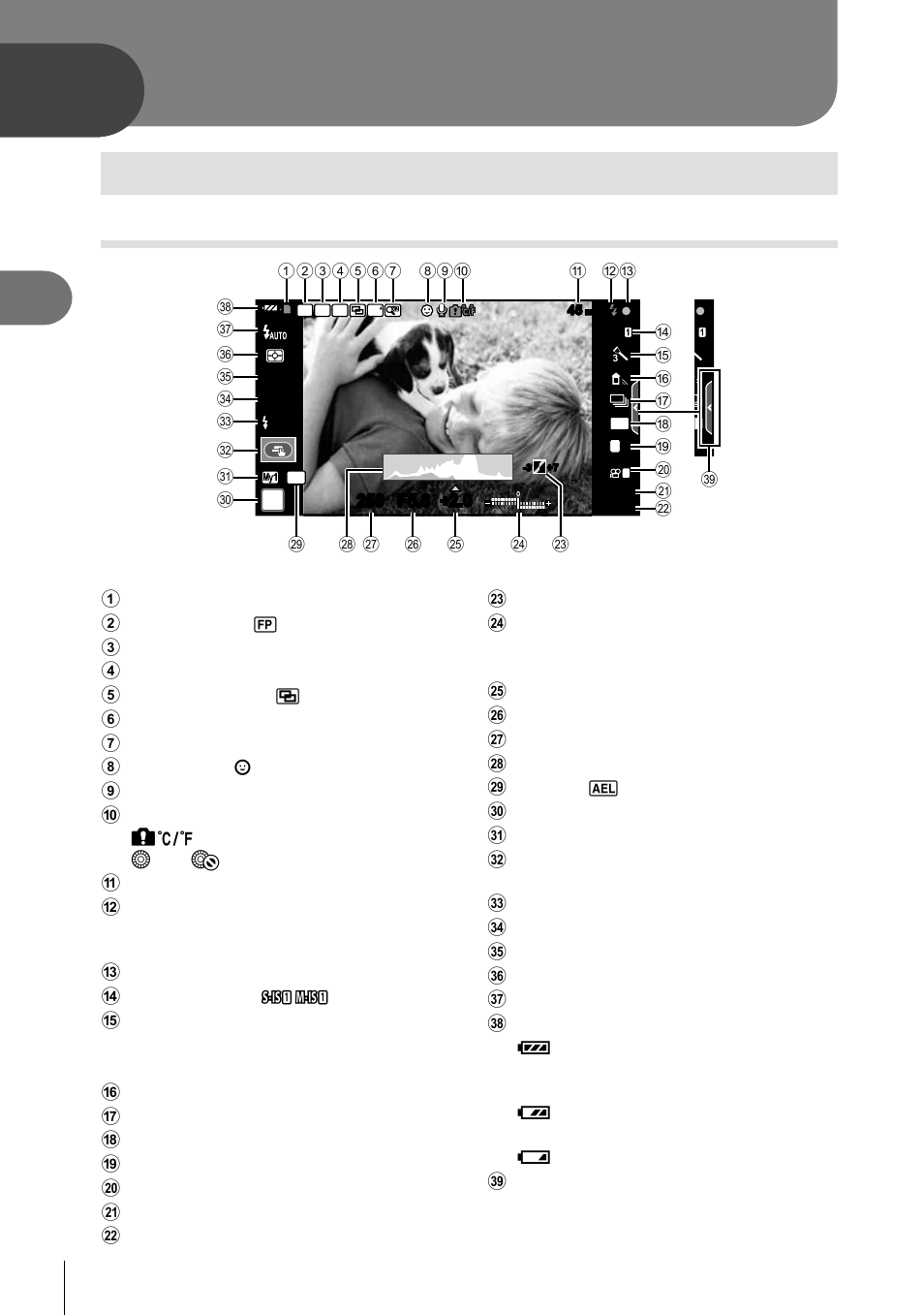 Basic operations, Basic shooting operations, Monitor display during shooting | 22 en | Olympus E-PL5 User Manual | Page 22 / 133