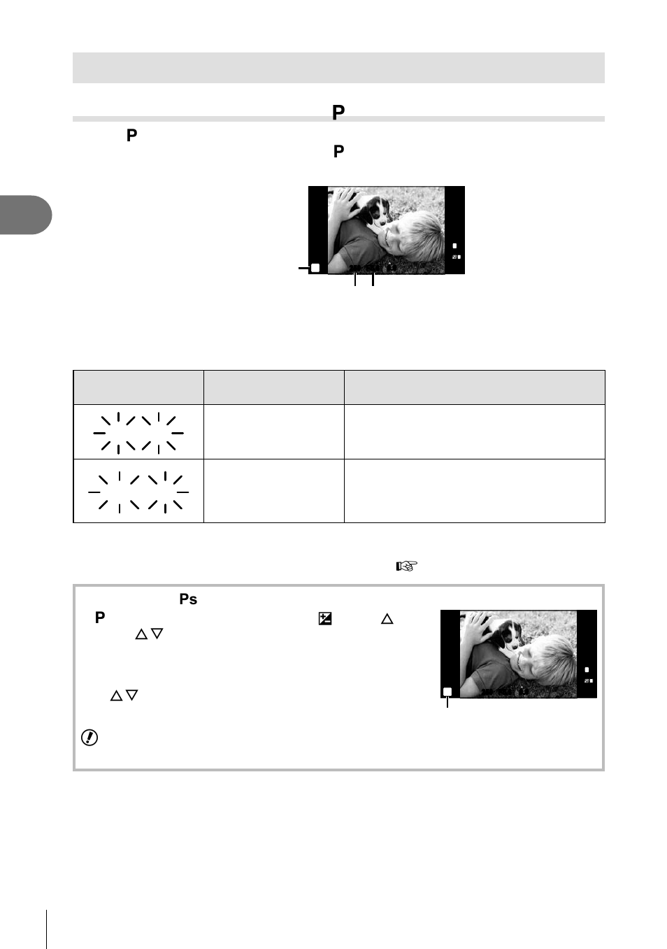 Using the shooting modes, Basic operations, Point-and-shoot” photography ( p program mode) | 24 en, Program shift ( % ), Cautions | Olympus E-PL5 User Manual | Page 24 / 133