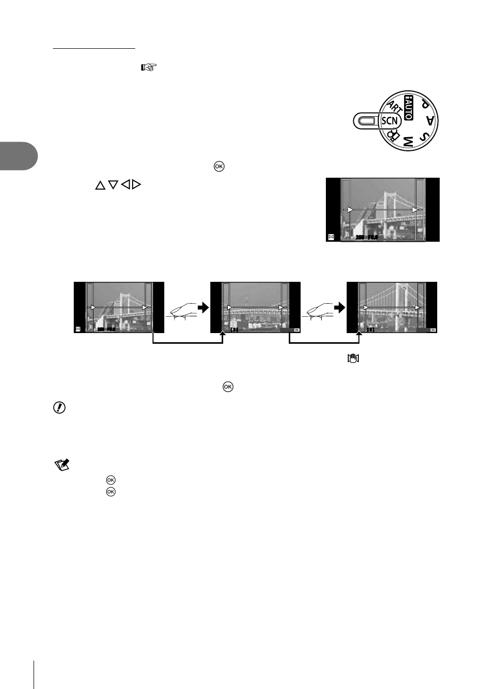Basic operations, 30 en, Rotate the mode dial to scn | Select [panorama] and press q, Use fghi to choose a pan direction, Take a picture, using the guides to frame the shot | Olympus E-PL5 User Manual | Page 30 / 133