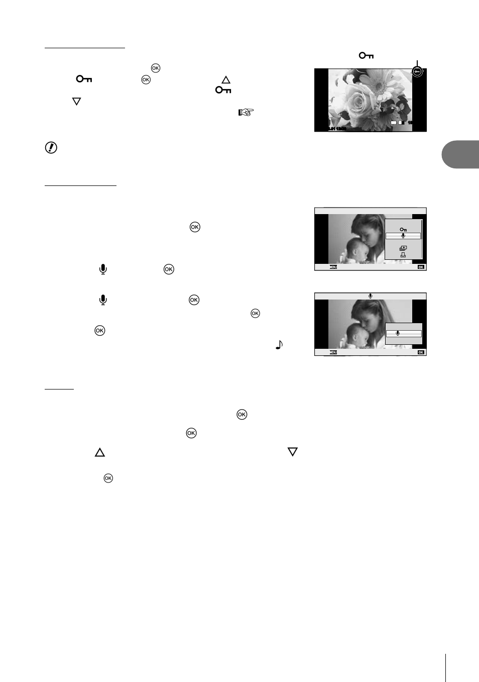 Basic operations, 41 en, Select [r] and press q | Select [r start] and press q to begin recording, Press q to end recording, Play the photograph back and press q, Select [rotate] and press q | Olympus E-PL5 User Manual | Page 41 / 133