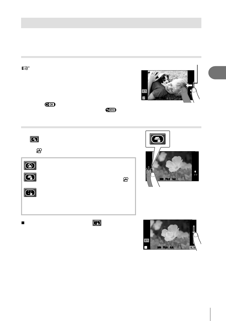 Using the touch screen, Basic operations, Live guides | Shooting mode, Use your fi nger to position the sliders, Tap the subject in the display, 43 en, Previewing your subject ( ), Tap to select items | Olympus E-PL5 User Manual | Page 43 / 133