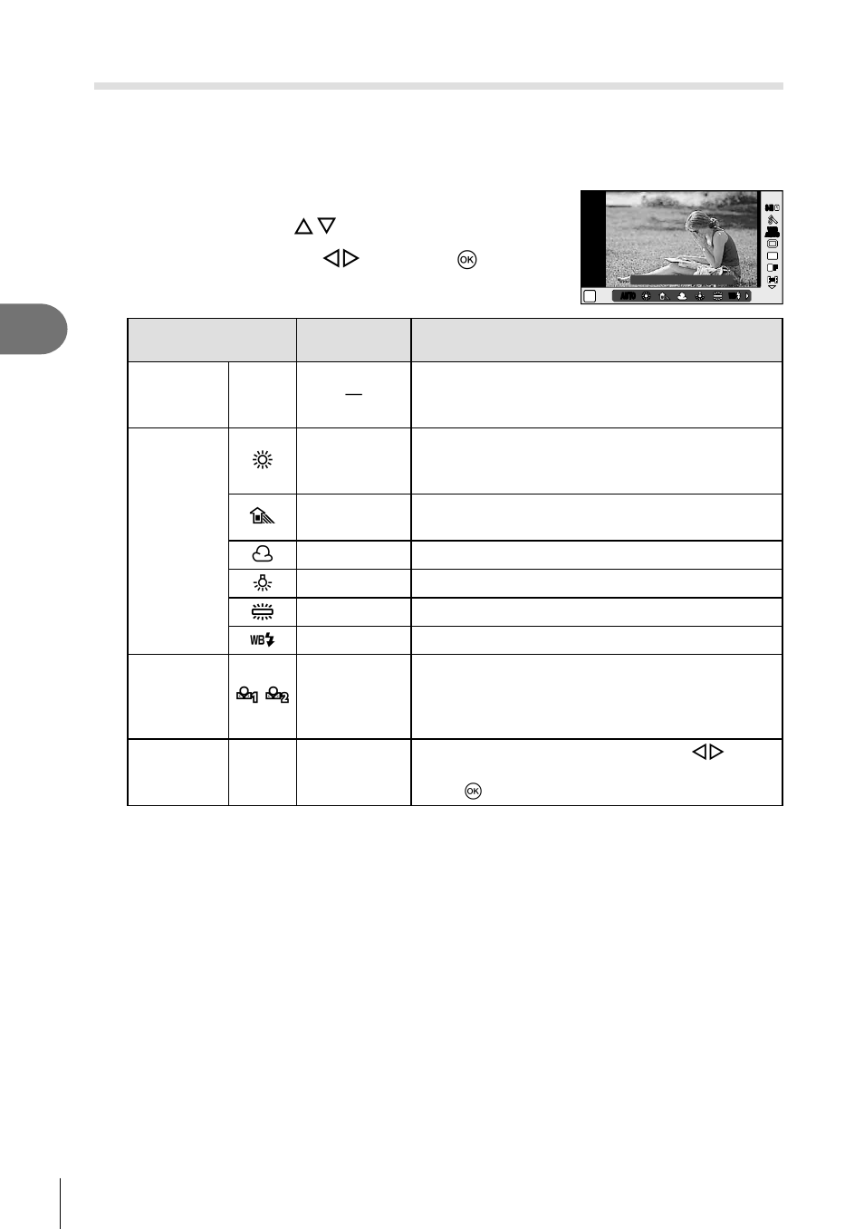 Frequently-used options and customization, Adjusting color (white balance), 50 en | Select an option using hi and press q | Olympus E-PL5 User Manual | Page 50 / 133