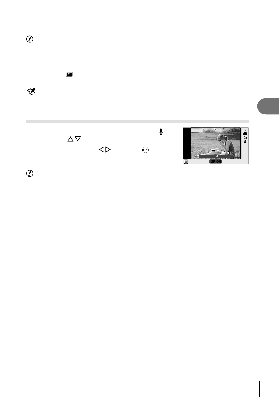 Frequently-used options and customization, Movie sound options (recording sound with movies), 57 en | Switch on/off using hi and press q, Cautions | Olympus E-PL5 User Manual | Page 57 / 133