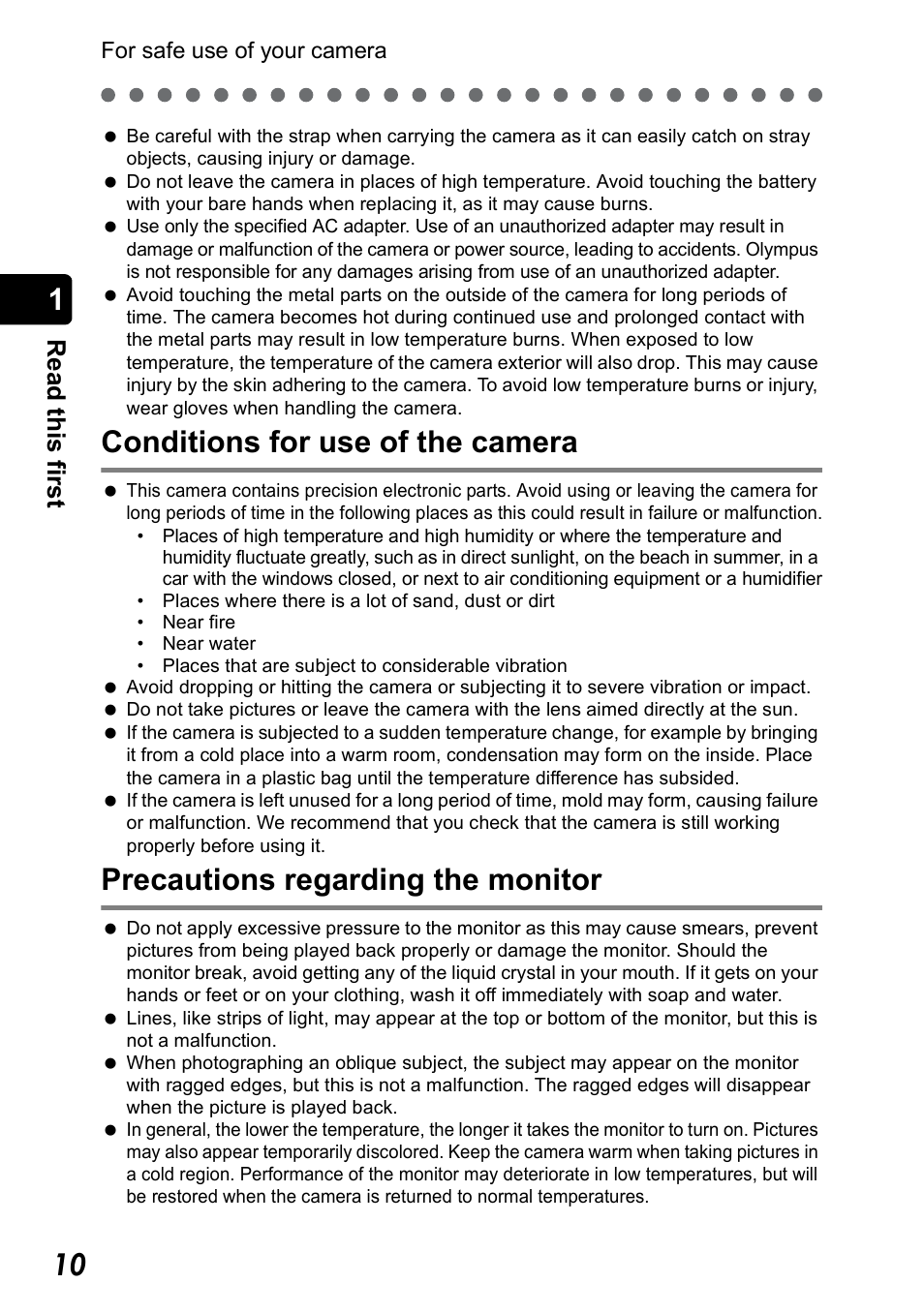 Conditions for use of the camera, Precautions regarding the monitor, Re ad this firs t | Olympus Stylus 410 Digital User Manual | Page 10 / 228