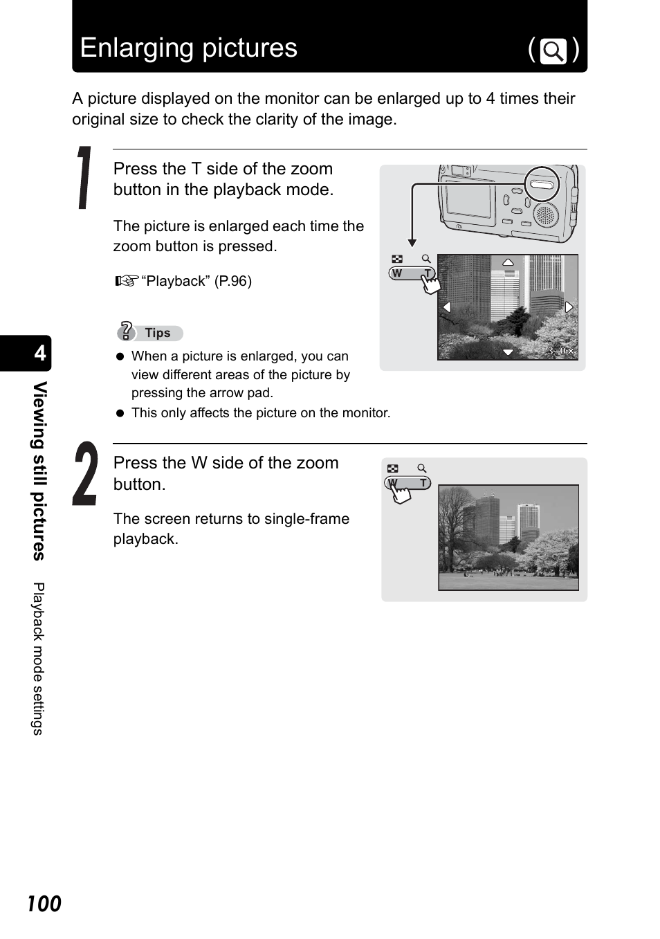 Enlarging pictures, Enlarging pictures ( ) | Olympus Stylus 410 Digital User Manual | Page 100 / 228