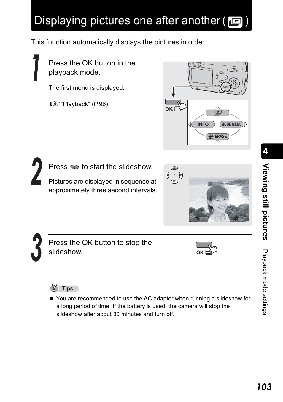 Displaying pictures one after another, Displaying pictures one after another ( ) | Olympus Stylus 410 Digital User Manual | Page 103 / 228