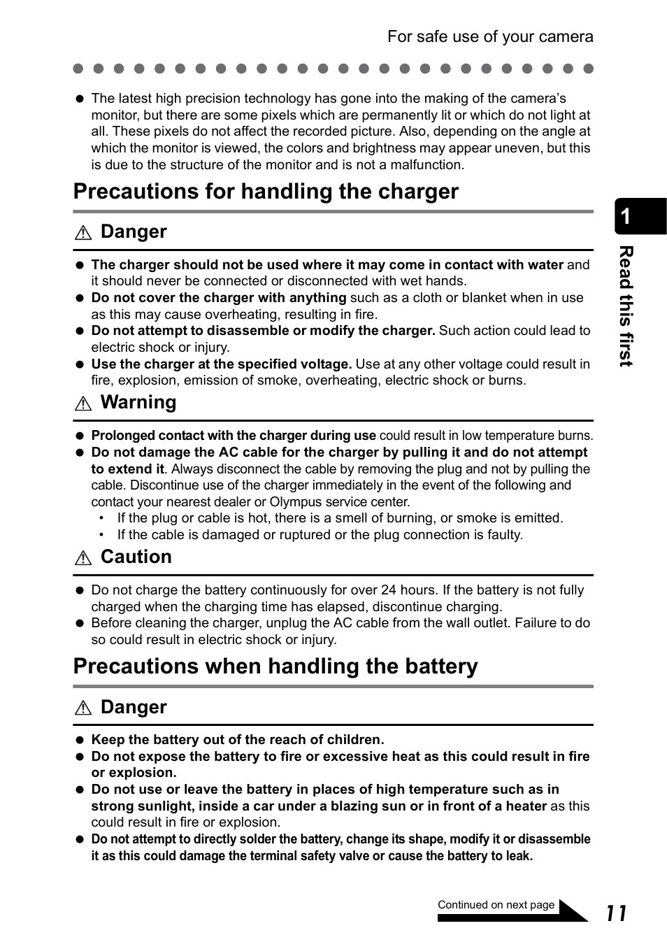 Precautions for handling the charger, Precautions when handling the battery, Danger | Warning, Caution, Re ad this firs t | Olympus Stylus 410 Digital User Manual | Page 11 / 228