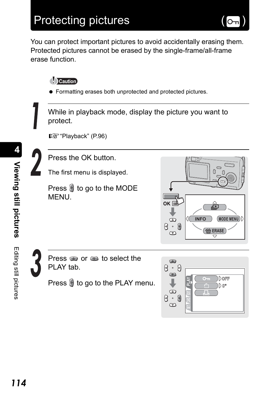 Protecting pictures, P.114, Protecting pictures ( ) | Vie w ing s till pic tur e s | Olympus Stylus 410 Digital User Manual | Page 114 / 228