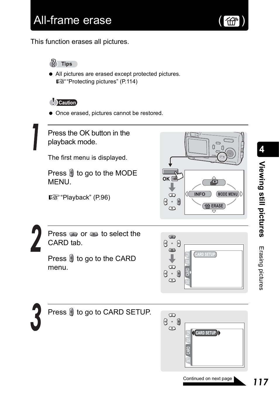 All-frame erase, All-frame erase ( ), Vie w ing s till pic tur e s | Olympus Stylus 410 Digital User Manual | Page 117 / 228