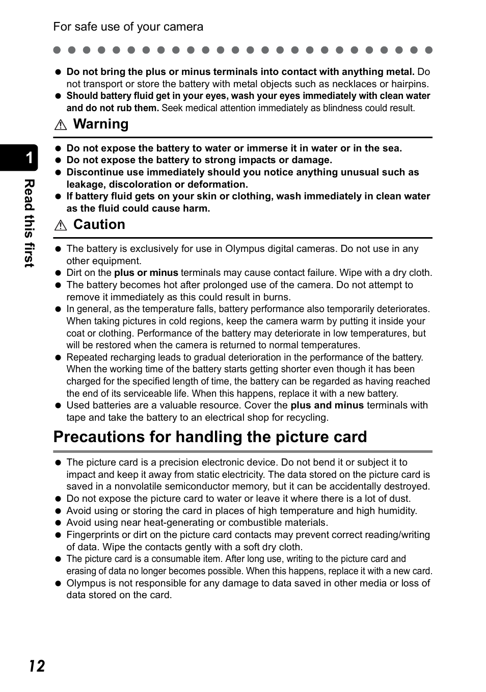 Precautions for handling the picture card, Warning, Caution | Re ad this firs t | Olympus Stylus 410 Digital User Manual | Page 12 / 228