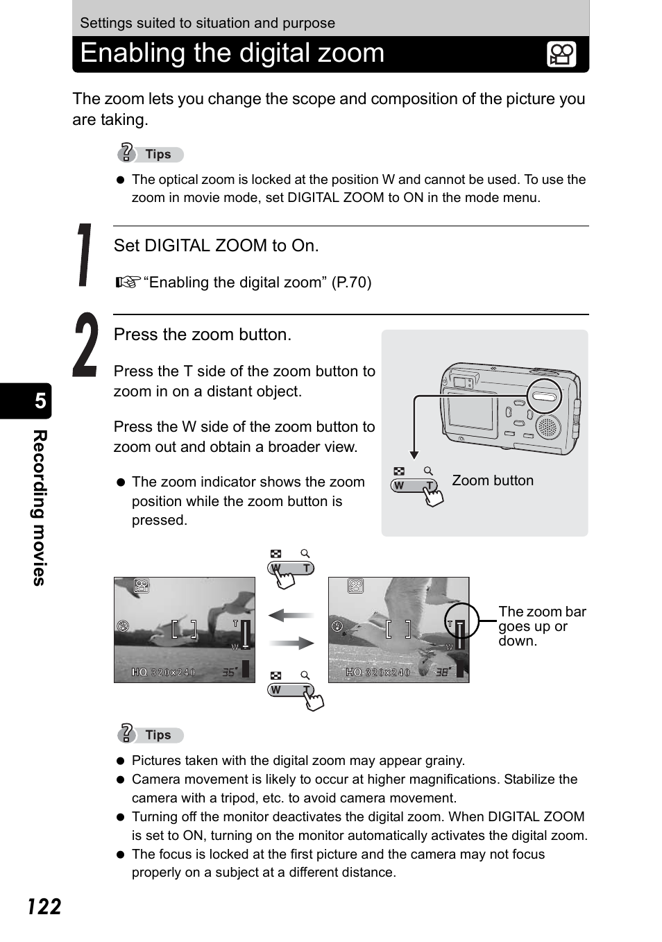 Settings suited to situation and purpose, Enabling the digital zoom, P.122 - p | Olympus Stylus 410 Digital User Manual | Page 122 / 228