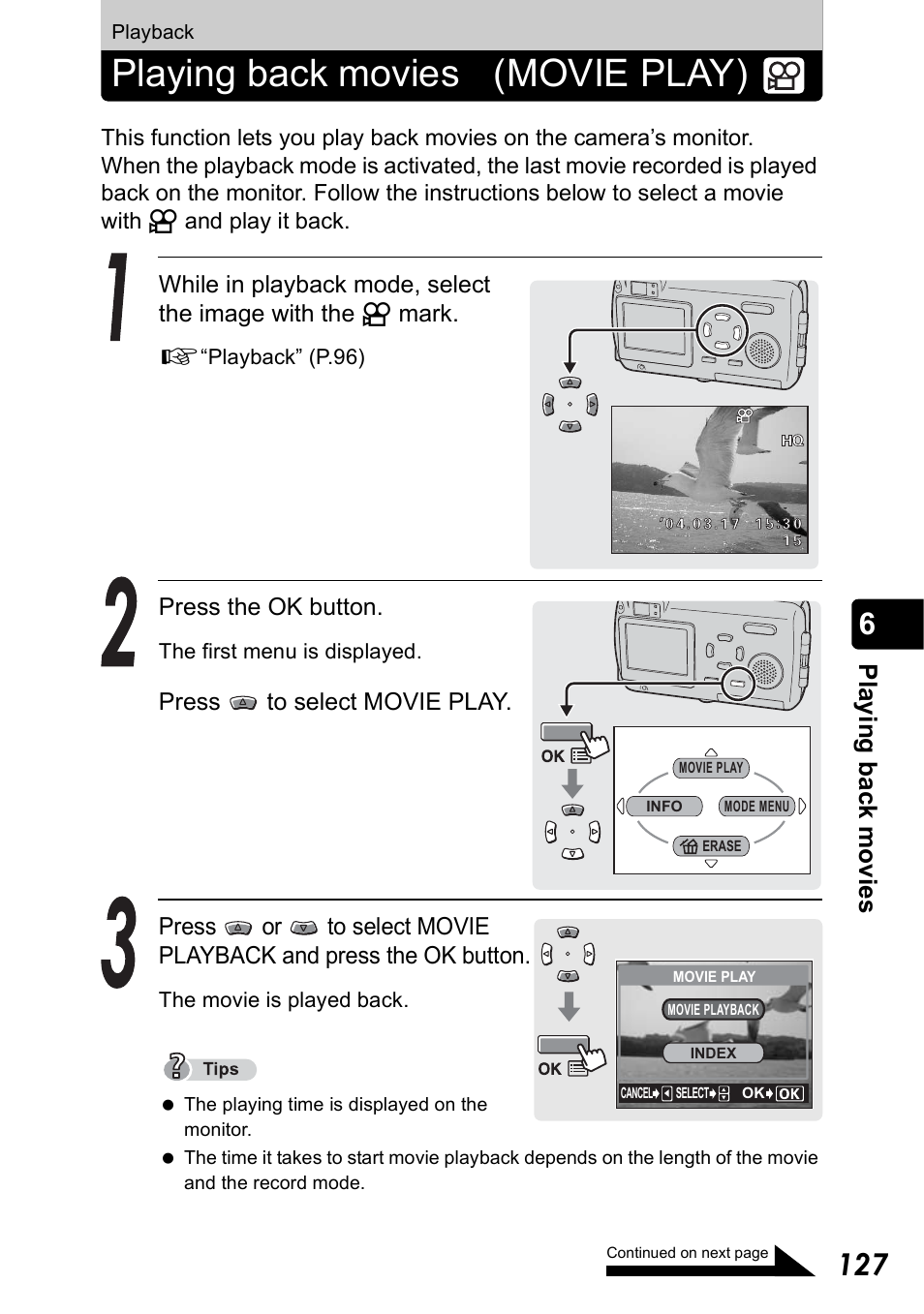 Playing back movies, Playback, Playing back movies (movie play) | Playing back movies(movie play), P.127 | Olympus Stylus 410 Digital User Manual | Page 127 / 228