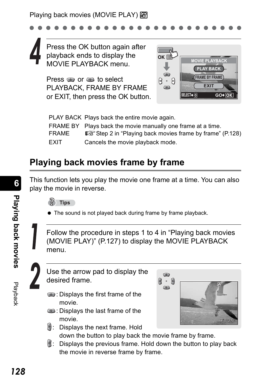 Playing back movies frame by frame | Olympus Stylus 410 Digital User Manual | Page 128 / 228