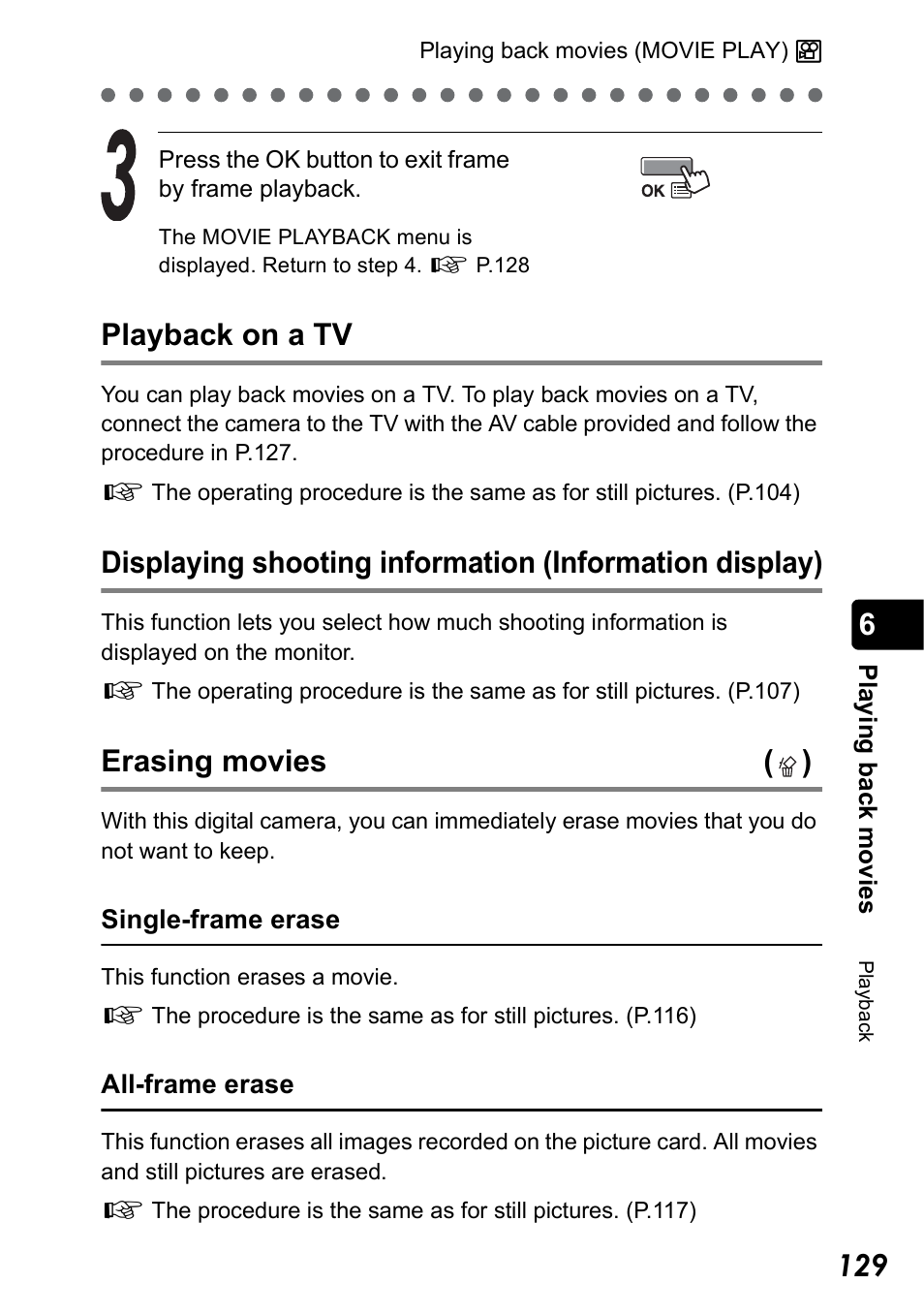 Playback on a tv, Erasing movies | Olympus Stylus 410 Digital User Manual | Page 129 / 228