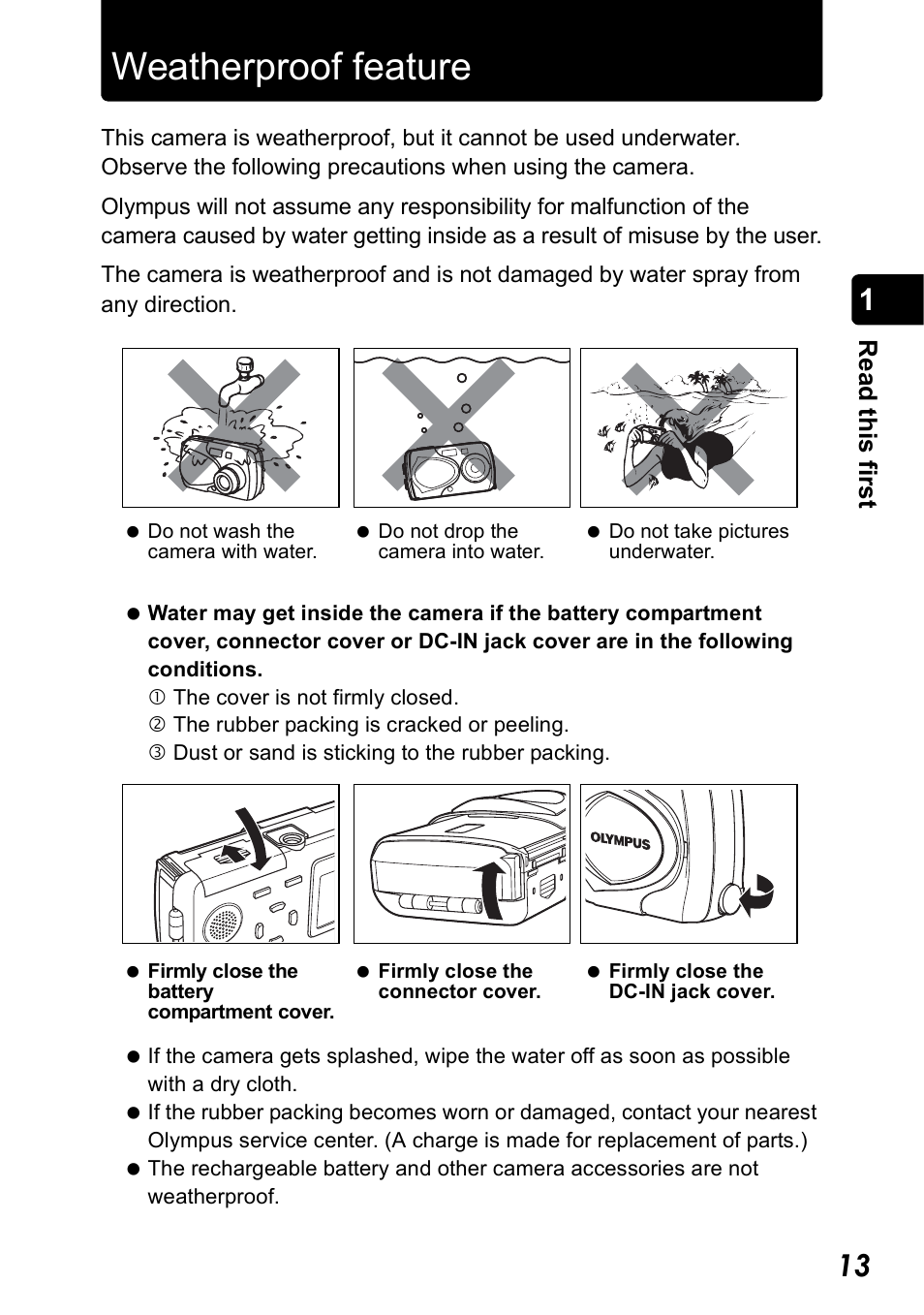 Weatherproof feature, Re ad this firs t | Olympus Stylus 410 Digital User Manual | Page 13 / 228