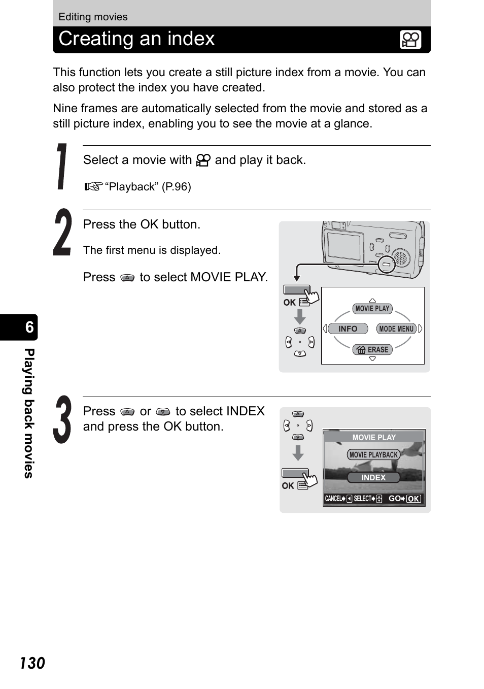 Editing movies, Creating an index | Olympus Stylus 410 Digital User Manual | Page 130 / 228