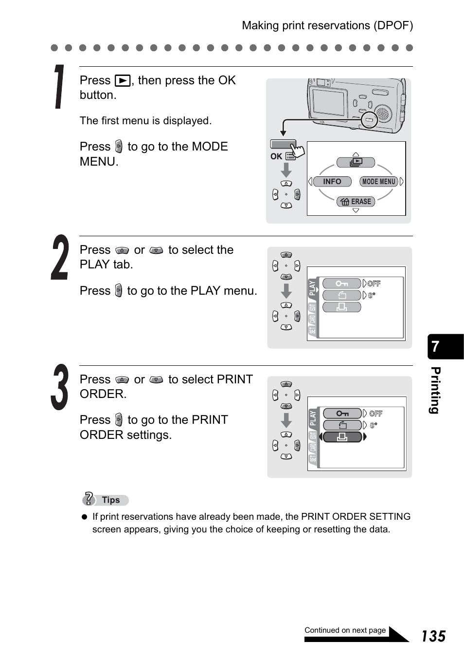 Pr in ti n g, Press q, then press the ok button | Olympus Stylus 410 Digital User Manual | Page 135 / 228