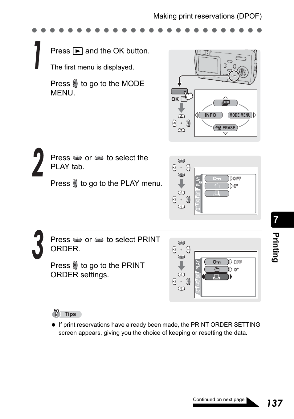 Pr in ti n g, Press q and the ok button | Olympus Stylus 410 Digital User Manual | Page 137 / 228
