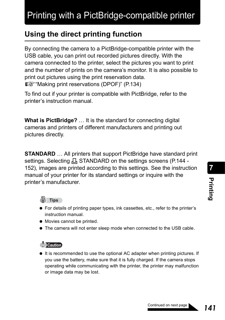 Printing with a pictbridge-compatible printer, Using the direct printing function | Olympus Stylus 410 Digital User Manual | Page 141 / 228