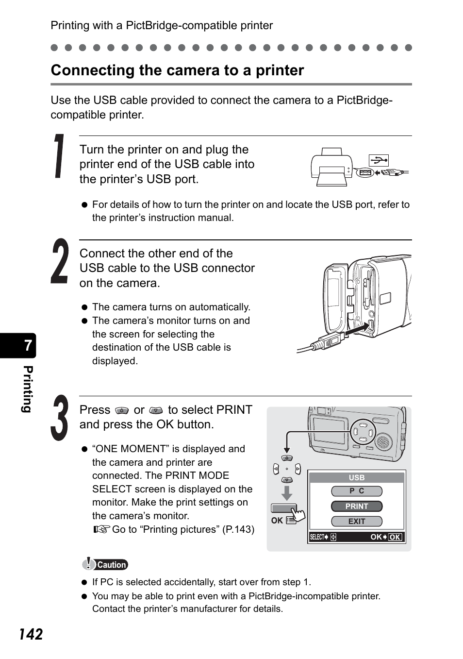 Connecting the camera to a printer, 7connecting the camera to a printer, Pr in ti n g | Olympus Stylus 410 Digital User Manual | Page 142 / 228