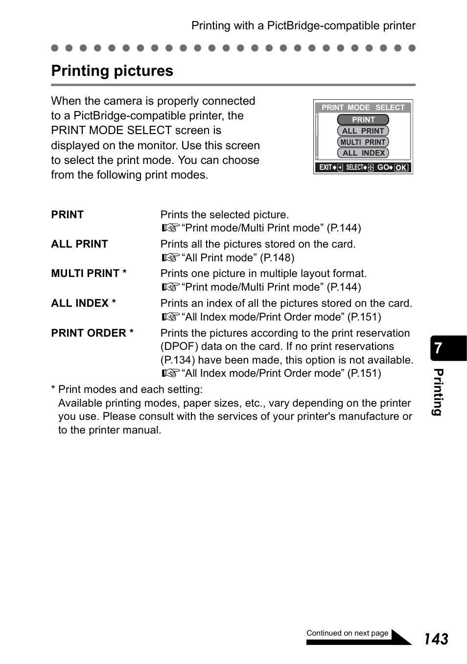 Printing pictures, Pr in ti n g | Olympus Stylus 410 Digital User Manual | Page 143 / 228
