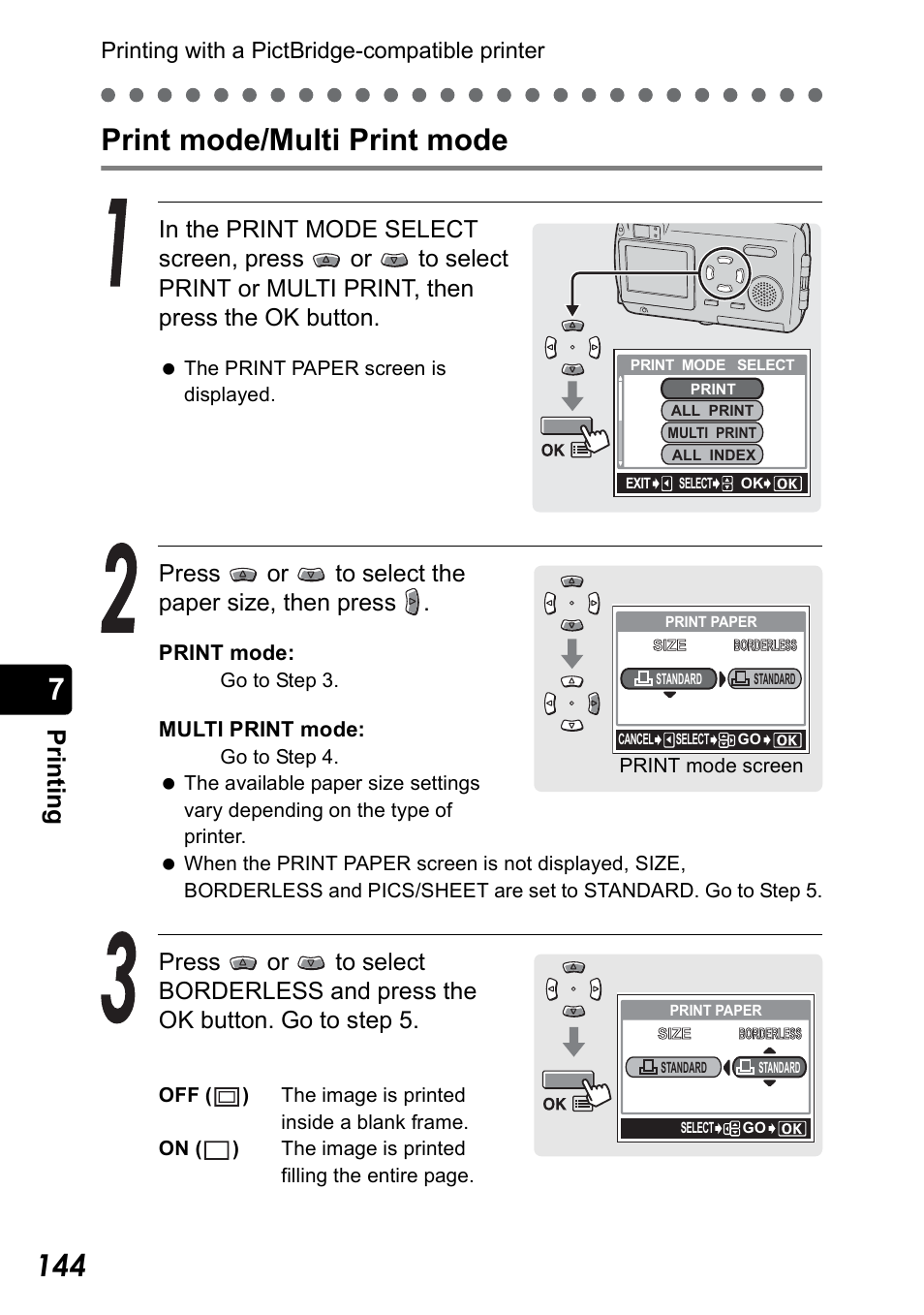 Print mode/multi print mode, Print mode/multi print mode” (p.144), 7print mode/multi print mode | Pr in ti n g, Press or to select the paper size, then press | Olympus Stylus 410 Digital User Manual | Page 144 / 228