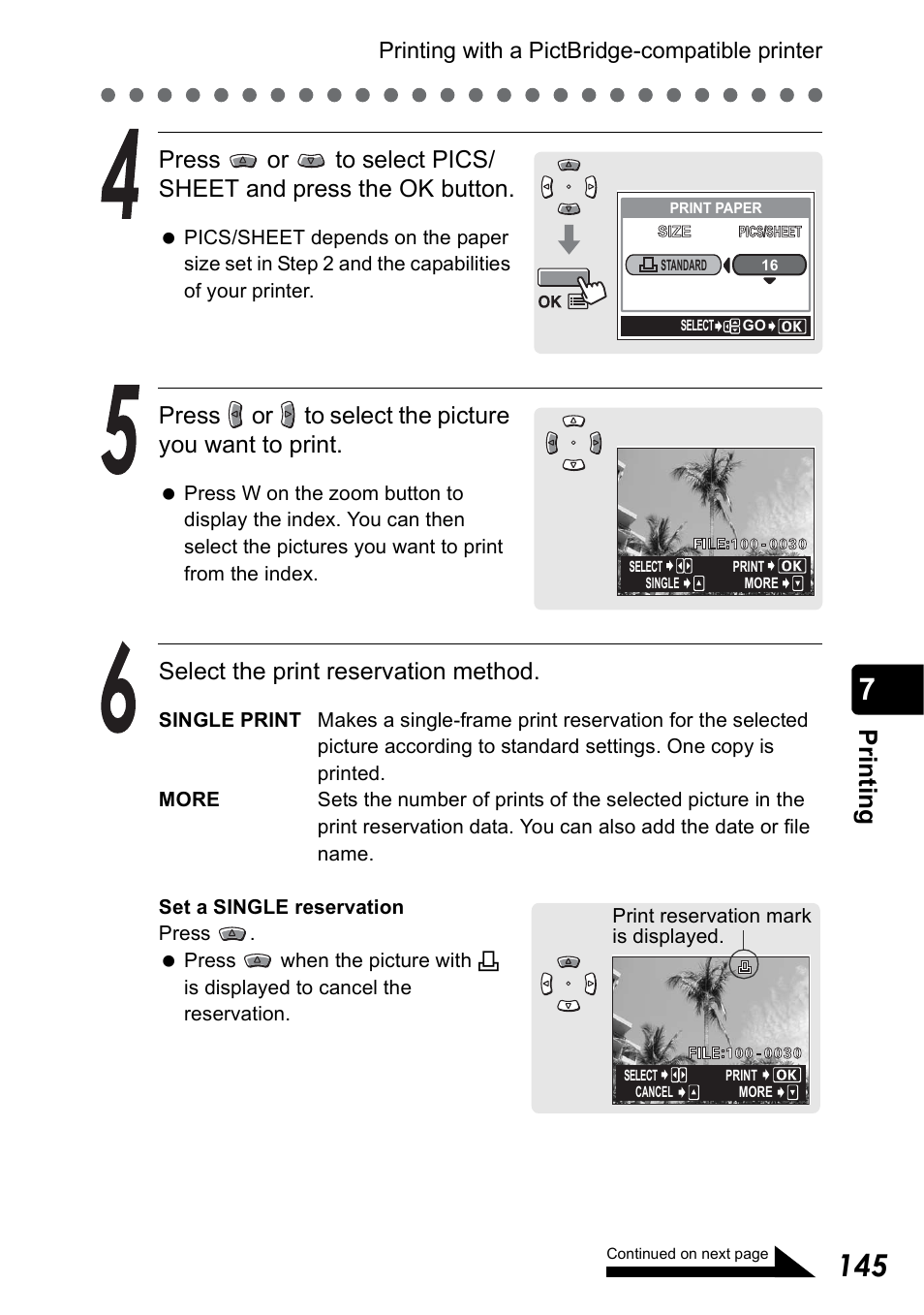 Pr in ti n g, Press or to select the picture you want to print, Select the print reservation method | Olympus Stylus 410 Digital User Manual | Page 145 / 228