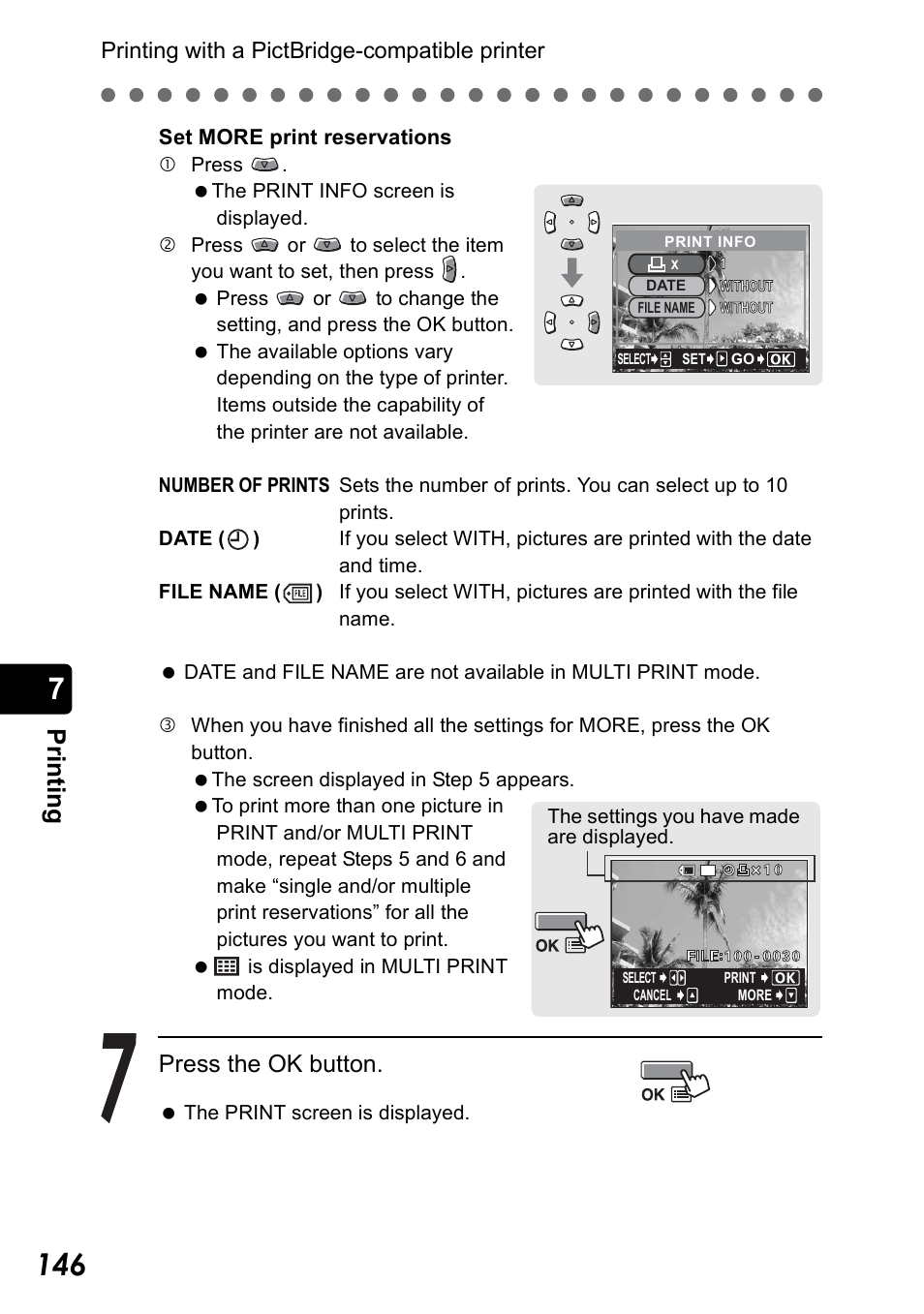 Pr in ti n g, Press the ok button | Olympus Stylus 410 Digital User Manual | Page 146 / 228