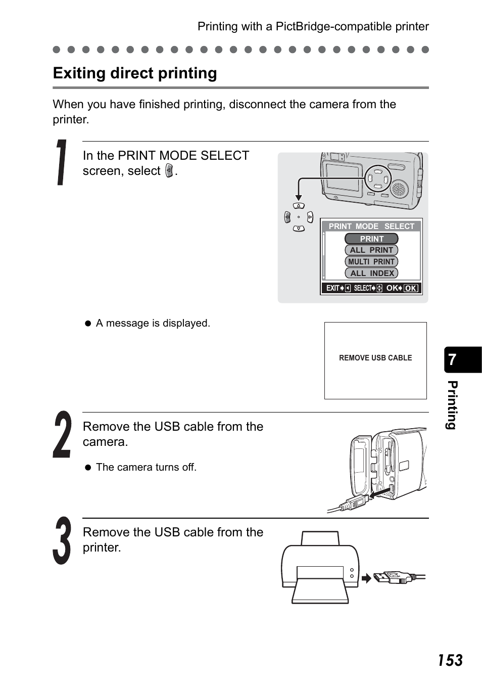 Exiting direct printing, 7exiting direct printing, Pr in ti n g | Olympus Stylus 410 Digital User Manual | Page 153 / 228