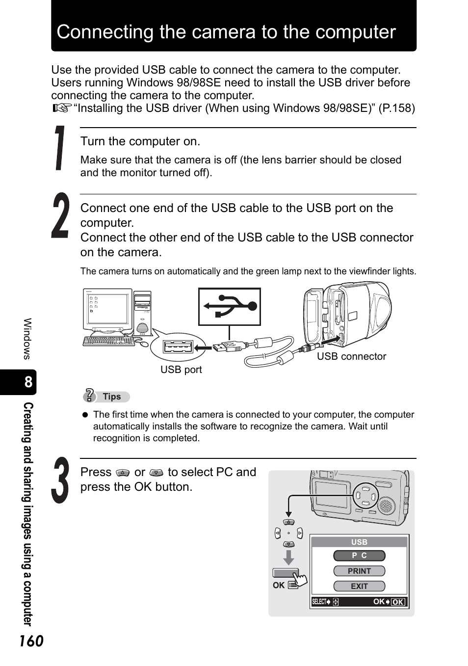 Connecting the camera to the computer, P.160 m | Olympus Stylus 410 Digital User Manual | Page 160 / 228