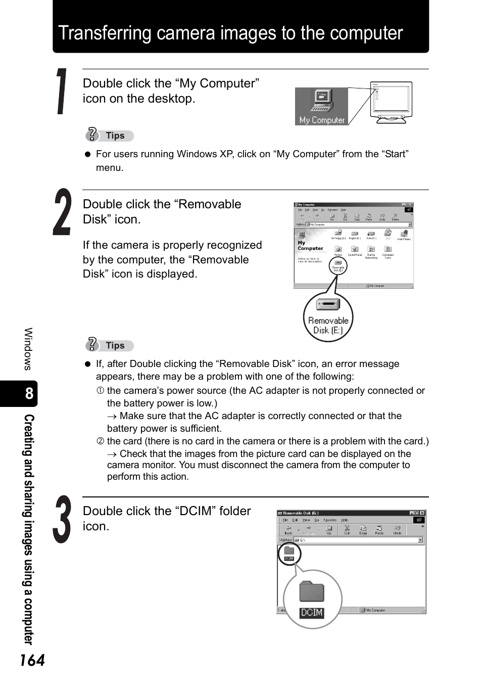 Transferring camera images to the computer, P.164 m | Olympus Stylus 410 Digital User Manual | Page 164 / 228