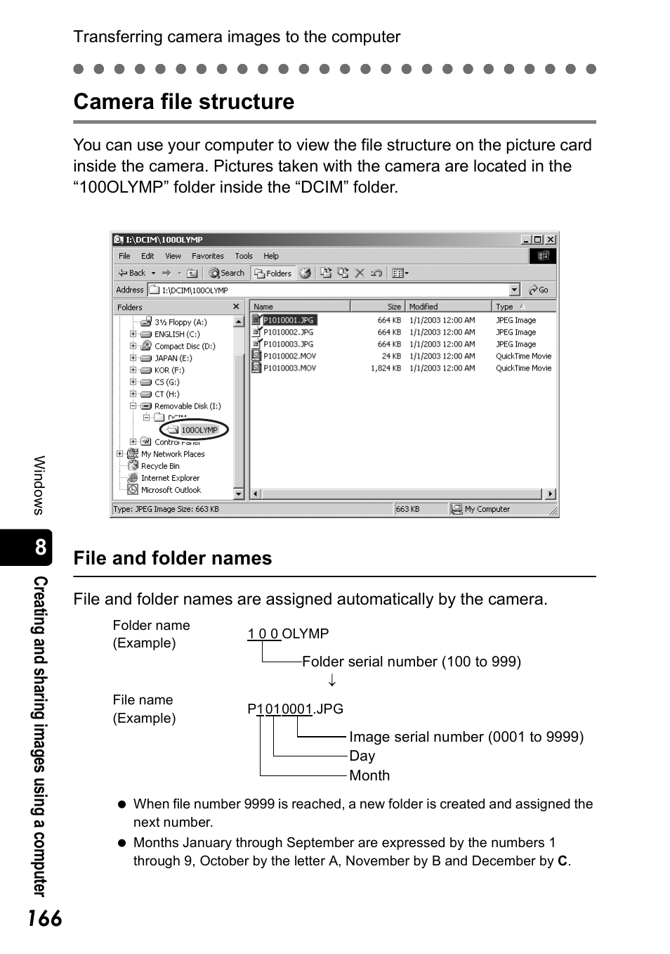 Camera file structure, File and folder names | Olympus Stylus 410 Digital User Manual | Page 166 / 228