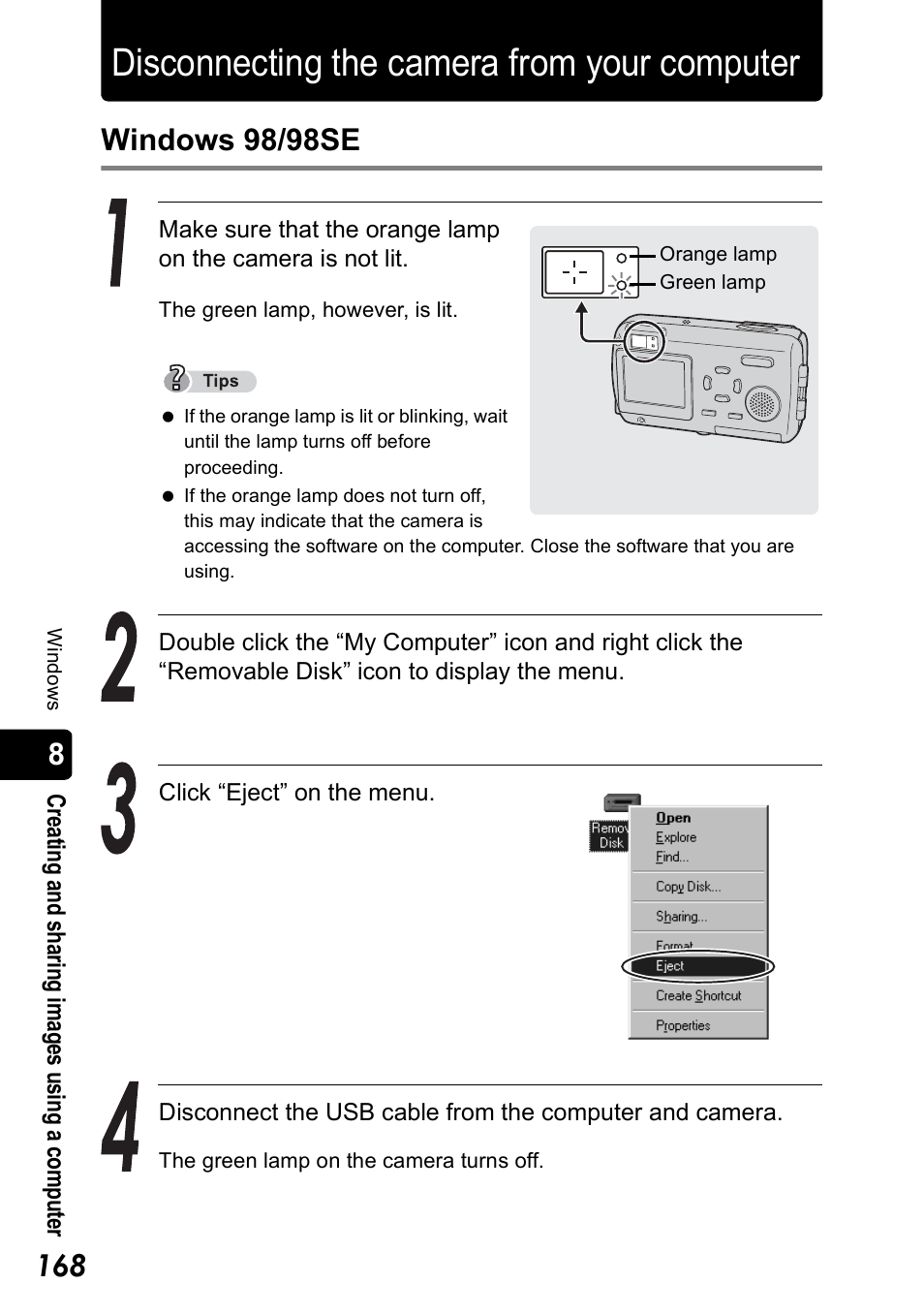Disconnecting the camera from your computer, P.168 m, Windows 98/98se | Olympus Stylus 410 Digital User Manual | Page 168 / 228