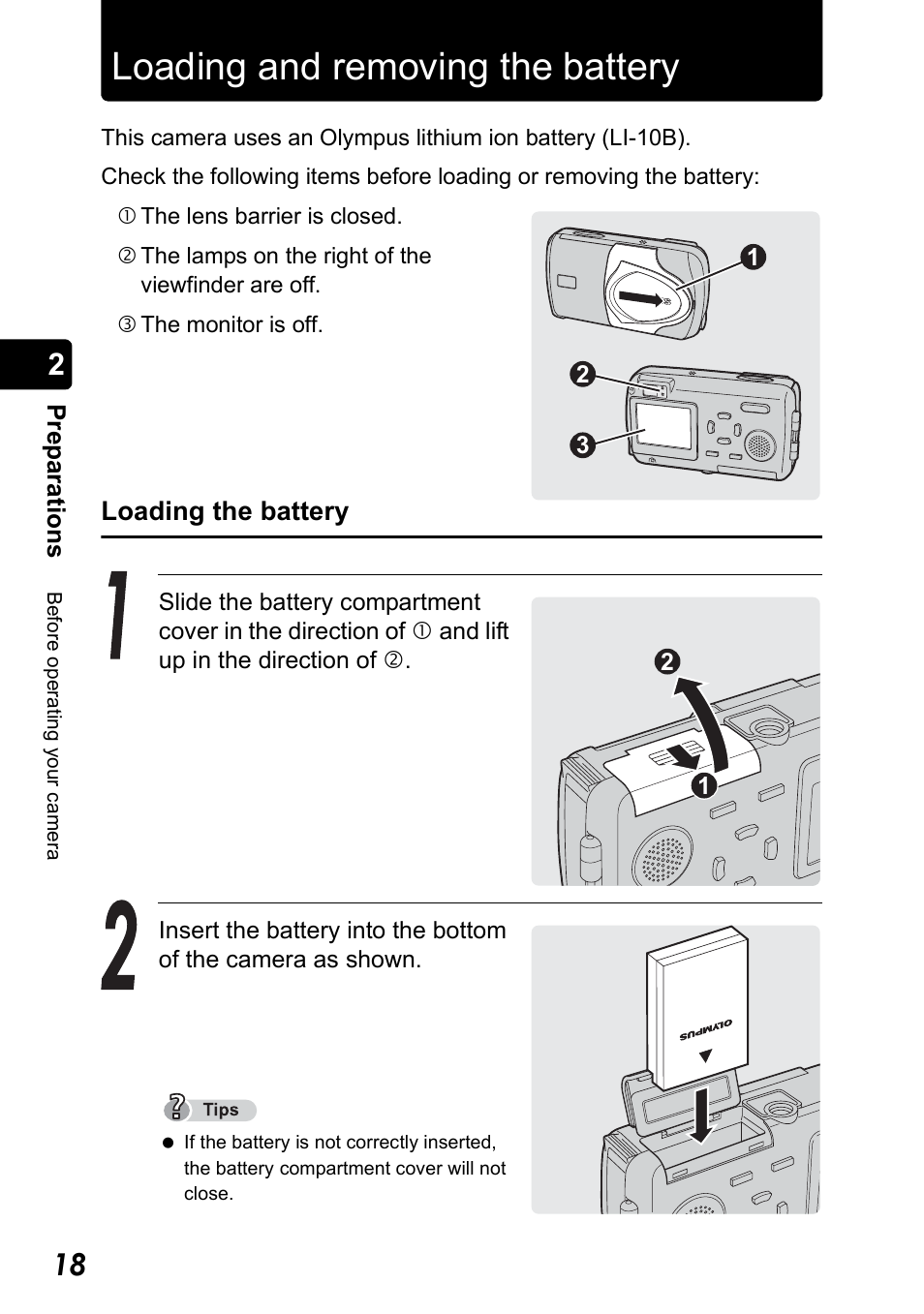Loading and removing the battery | Olympus Stylus 410 Digital User Manual | Page 18 / 228