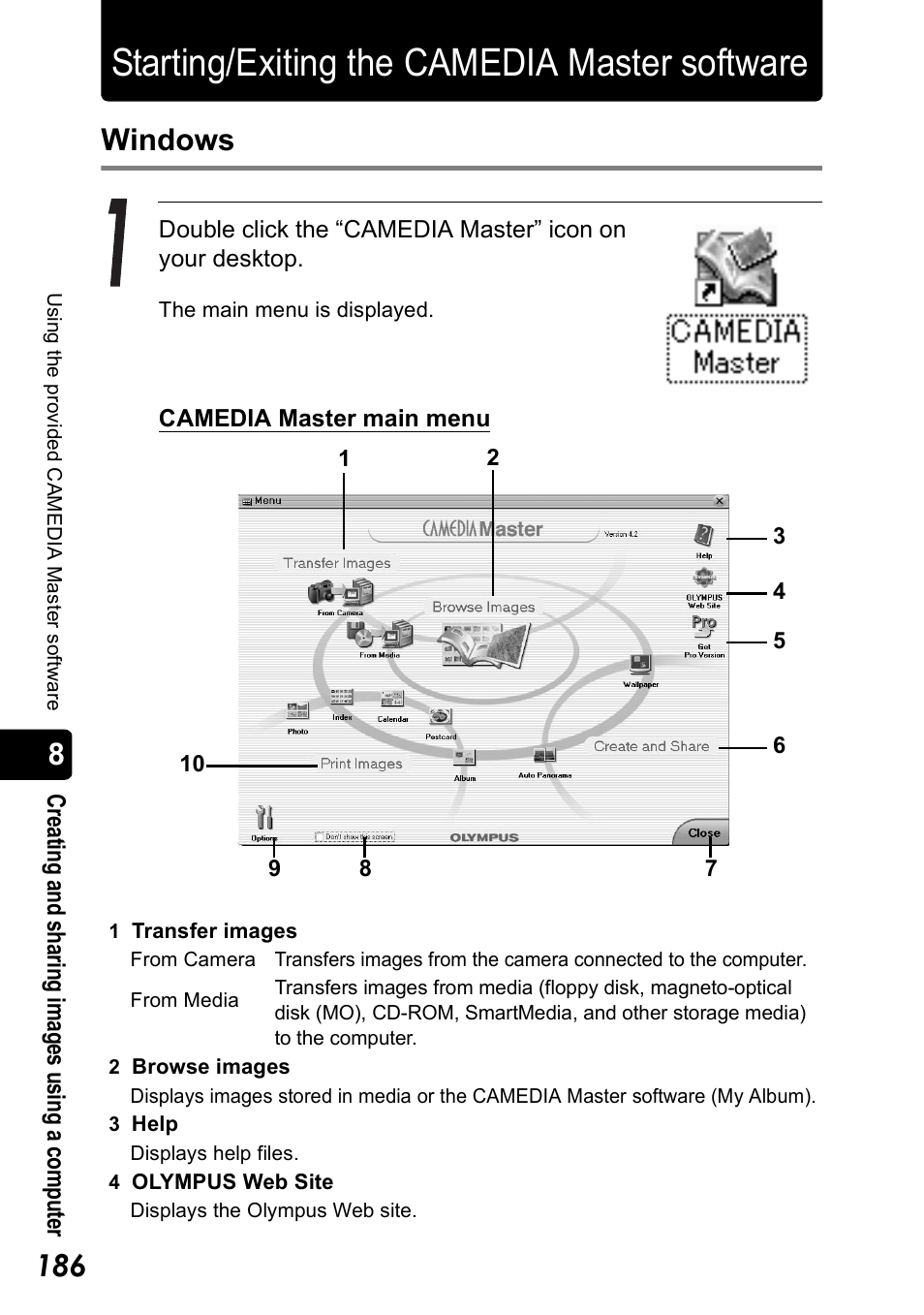Starting/exiting the camedia master software, Windows | Olympus Stylus 410 Digital User Manual | Page 186 / 228