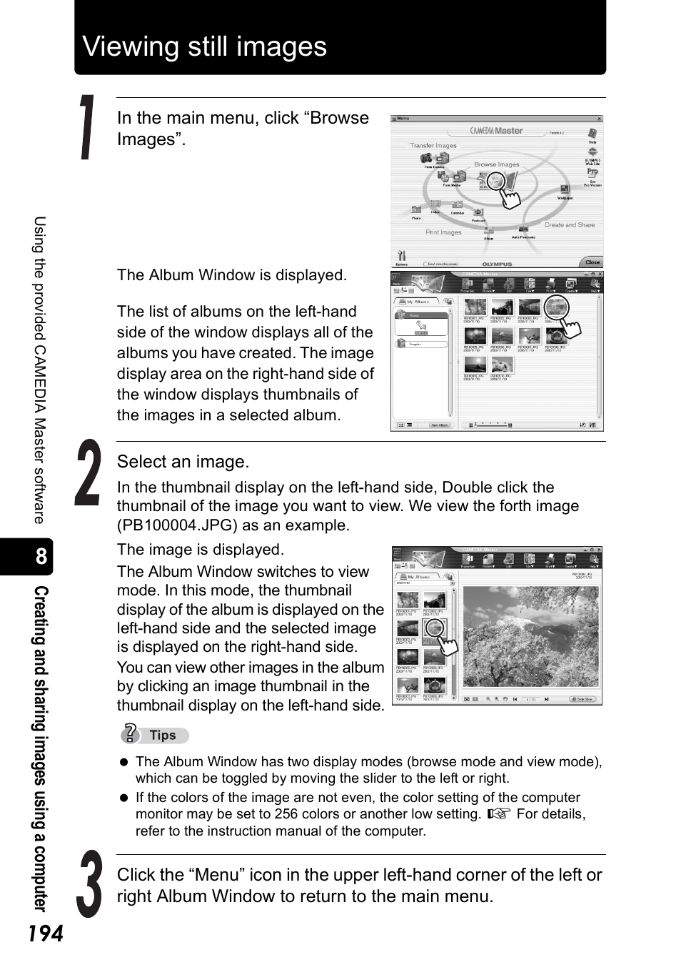 Viewing still images | Olympus Stylus 410 Digital User Manual | Page 194 / 228