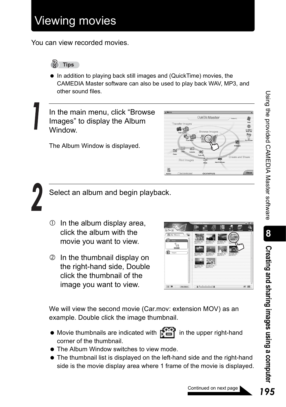 Viewing movies | Olympus Stylus 410 Digital User Manual | Page 195 / 228