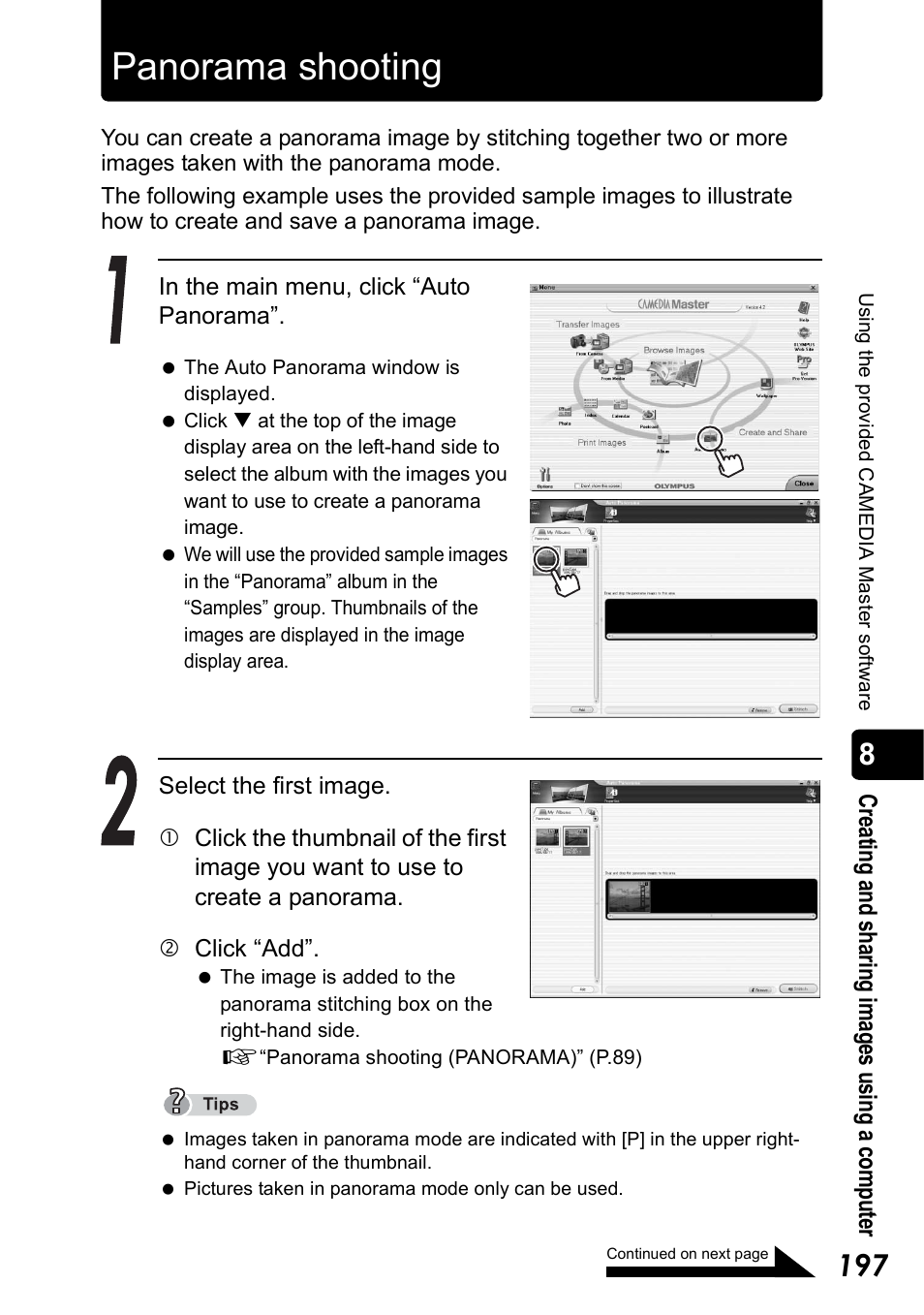 Panorama shooting | Olympus Stylus 410 Digital User Manual | Page 197 / 228