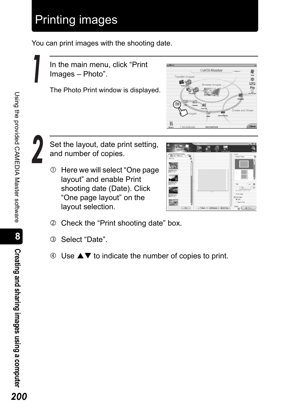 Printing images, Printing images” (p.200) | Olympus Stylus 410 Digital User Manual | Page 200 / 228