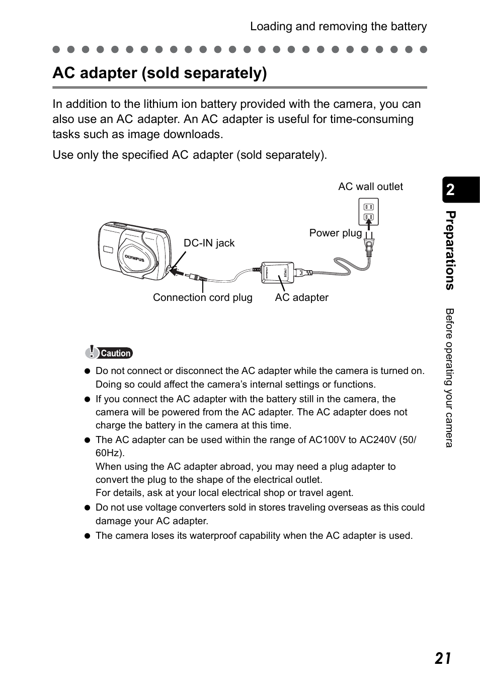 Ac adapter (sold separately), Pr ep ara tio n s | Olympus Stylus 410 Digital User Manual | Page 21 / 228