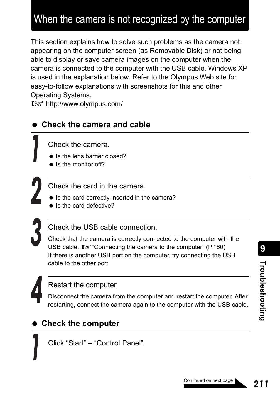 When the camera is not recognized by the computer, Check the camera and cable, Check the computer | Olympus Stylus 410 Digital User Manual | Page 211 / 228